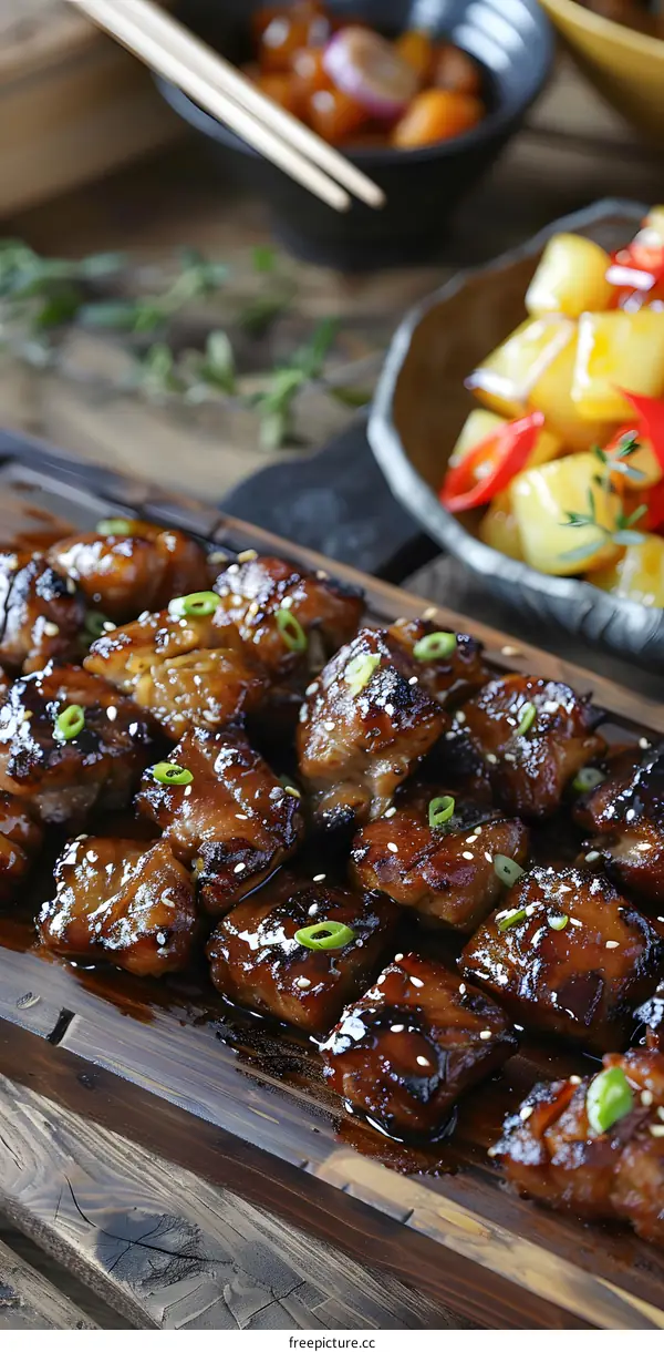 Delicious Korean Style Pork Ribs on a Wooden Board