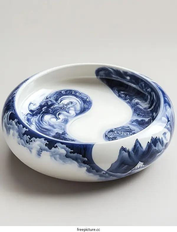 Blue and White Porcelain Bowl with Yin Yang Design