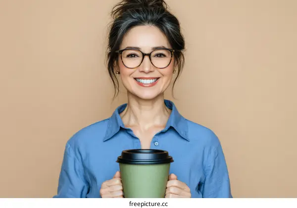 Smiling Woman Holding Coffee Cup Against Beige Background
