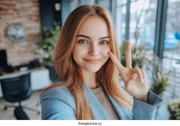 Smiling Young Woman Making Peace Sign in Office