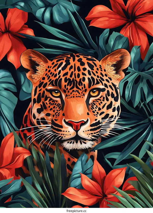 Leopard in Tropical Jungle Illustration