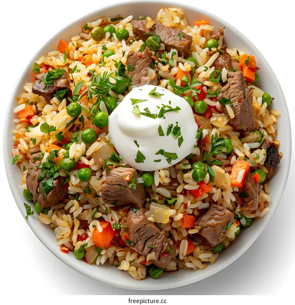 Beef and Rice Bowl with Vegetables and Sour Cream