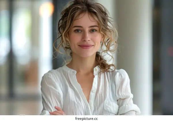 portrait of a young woman with curly hair smiling wearing a white shirt