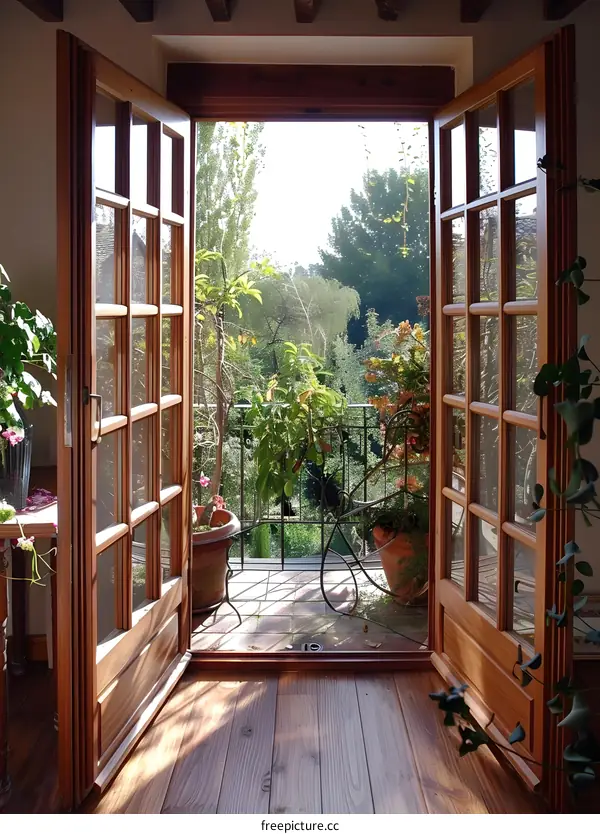 Open wooden french doors leading to a lush green garden