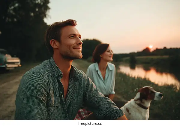 Couple and Dog Enjoying Sunset by the River
