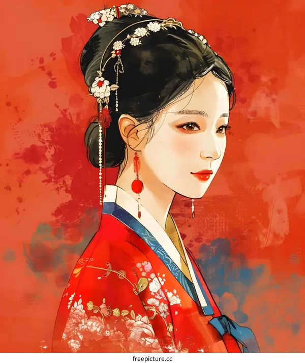 Illustration of a Korean woman in traditional red dress
