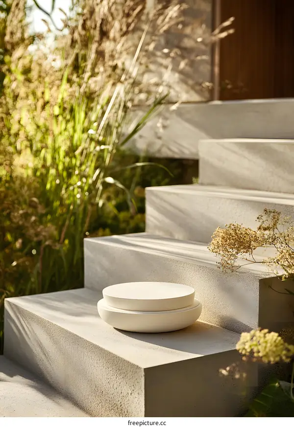 White Ceramic Bowl on Stone Steps in a Garden Setting