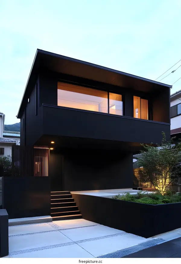 Modern Black House with Concrete Pathway