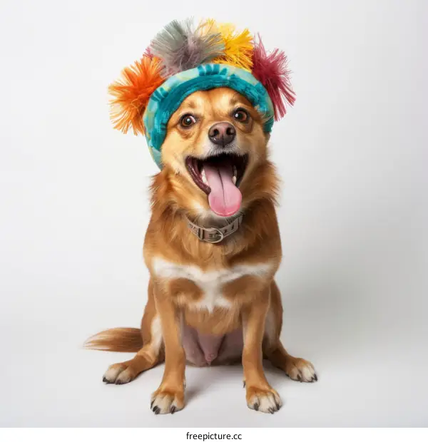 A happy dog wearing a colorful hat