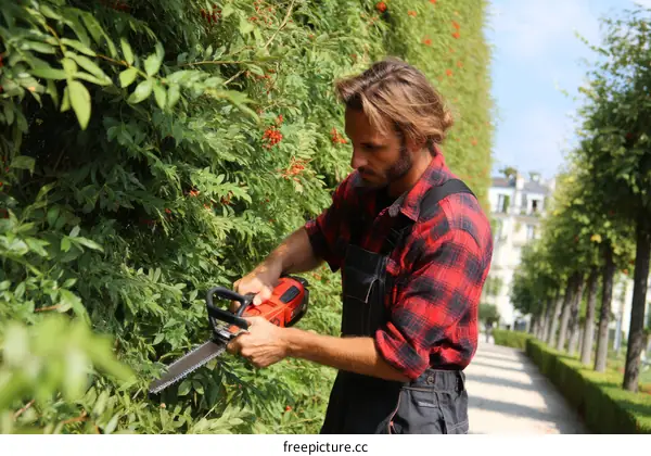 Gardener Trimming Hedgerow in a Park