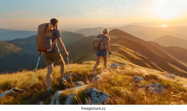 Couple Hiking Through Mountain Pass at Sunset