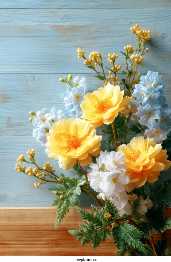 A Bouquet of Beautiful Artificial Flowers on a Wooden Background
