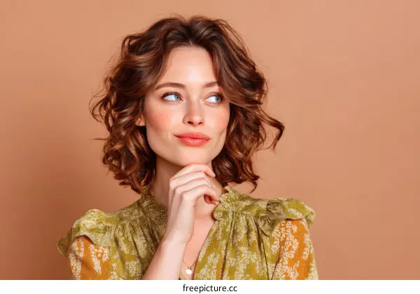Woman with Curly Hair and Fashionable Dress