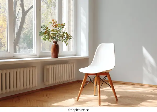 Modern Empty Room with White Chair and Window View