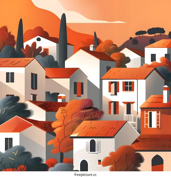 Autumn Village Landscape Illustration