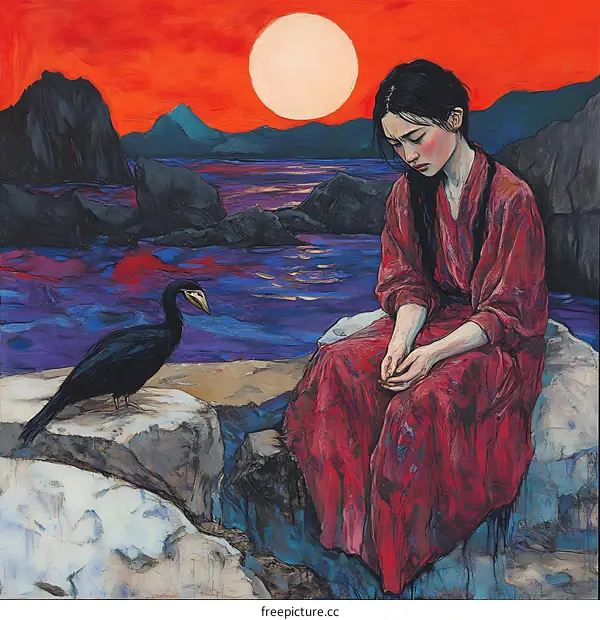 Woman in Red Dress Sitting by the Sea with a Bird
