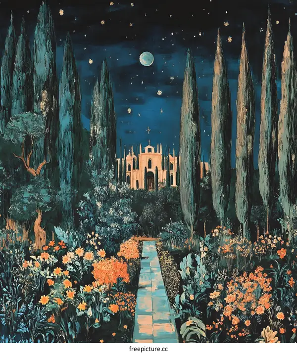 Nighttime Landscape with a Stone Path Leading to a Church