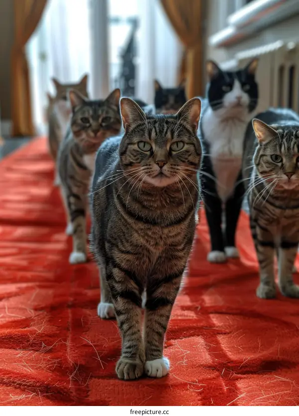 A group of cats of different breeds and colors walk down a red carpet towards the camera