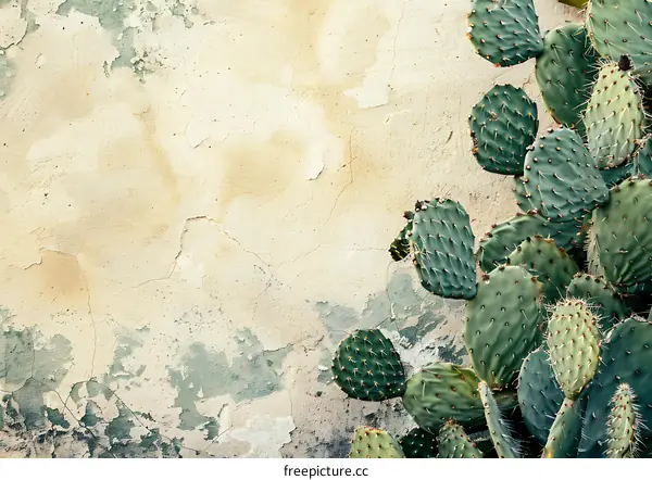 Green Cactus on Weathered Wall Background