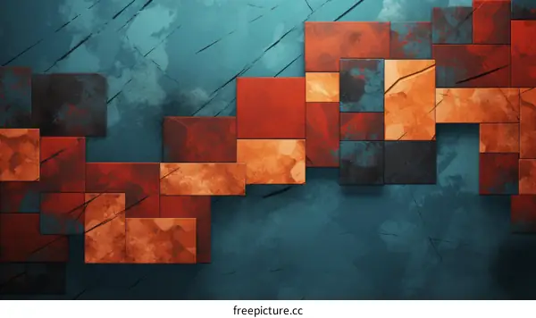 Blue grunge background with 3D red and orange blocks