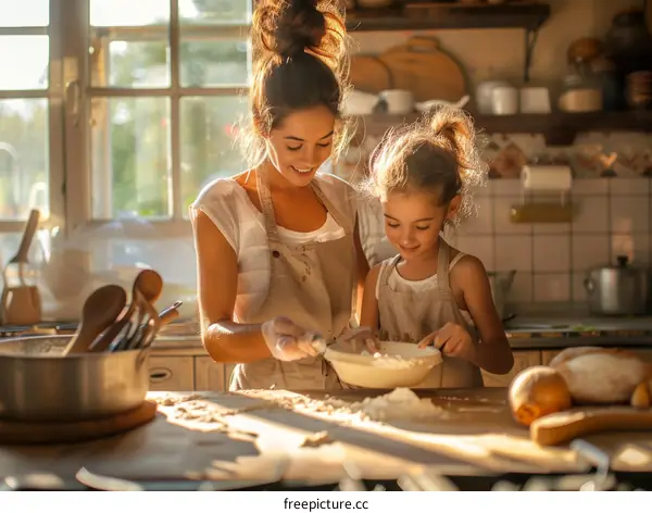 Little girl is helping her mother to cook