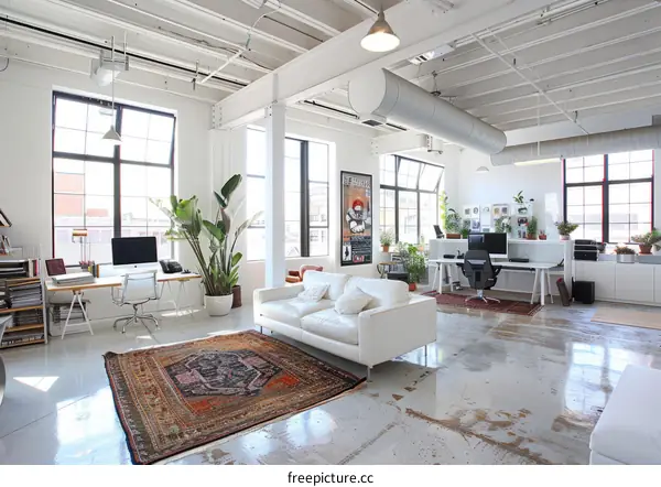Modern Office Space With White Walls and Concrete Floors