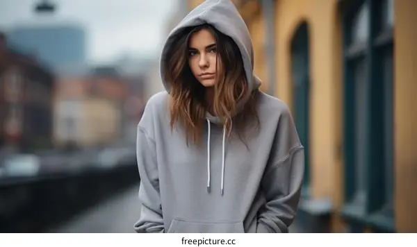 Portrait of a young woman in a gray hoodie looking at the camera with a serious expression