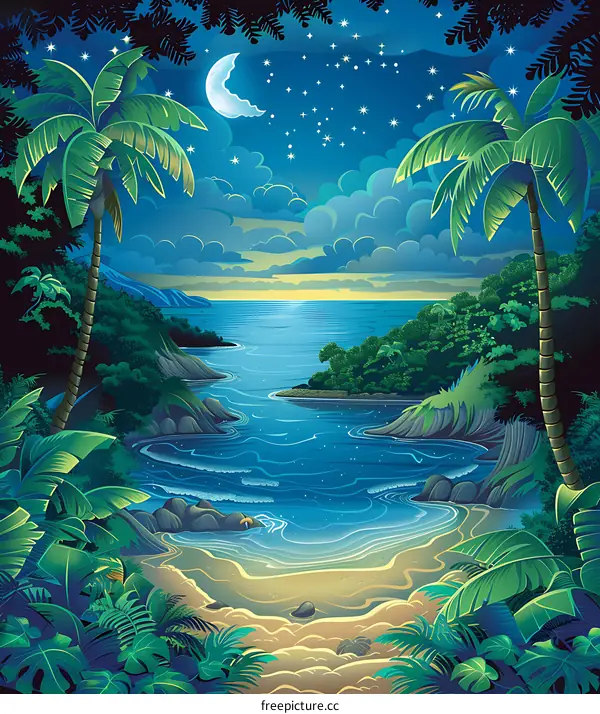 Tropical Beach Night Scene Illustration