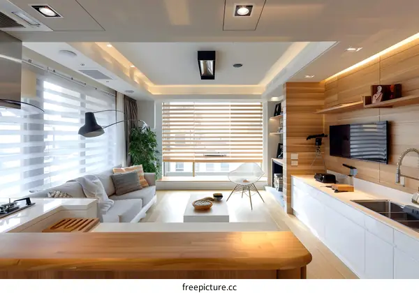 Modern Interior Design with Wooden Panels and White Kitchen Cabinets