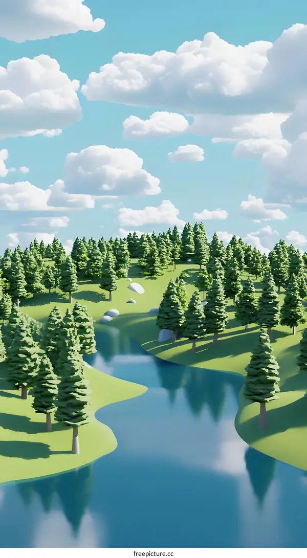 Low Poly Illustration Of River And Forest With Blue Sky And White Clouds