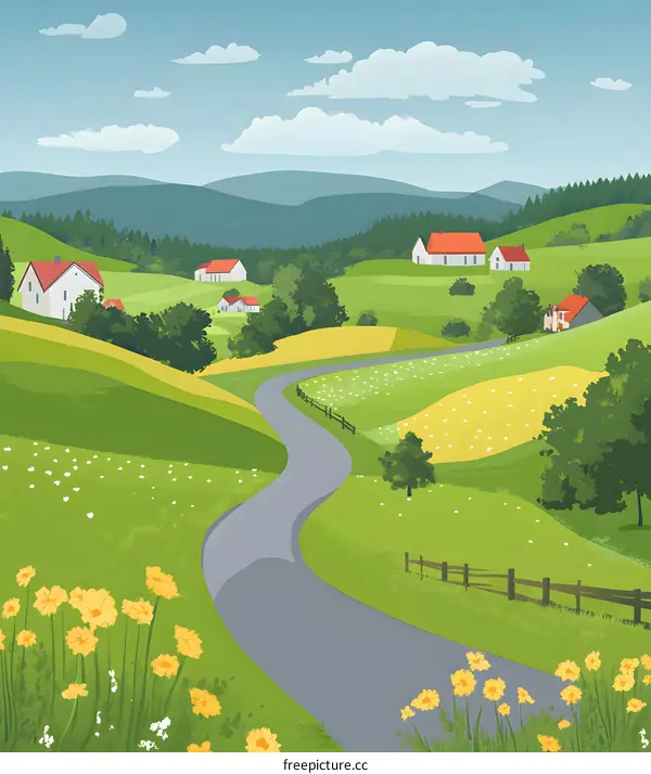 Winding Country Road Through Green Hills and Houses