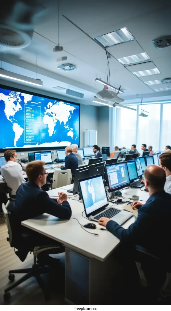 A group of people are sitting in a room looking at a world map on a screen.