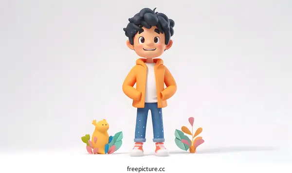 Cartoon Boy in Orange Jacket with Yellow Creature