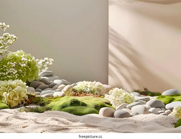 White Flowers and Rocks on Sand with Green Moss
