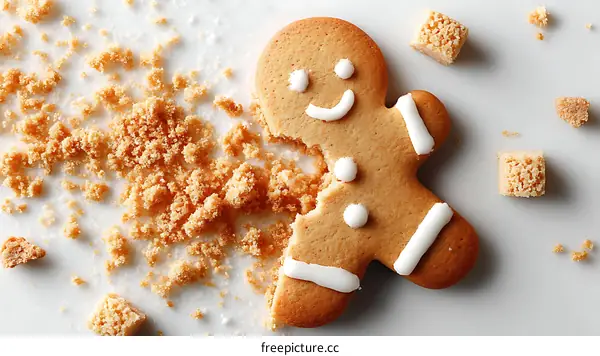 Broken gingerbread man cookie on a light surface