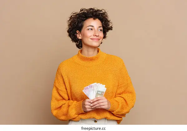 Happy Woman Holding Money in an Orange Sweater