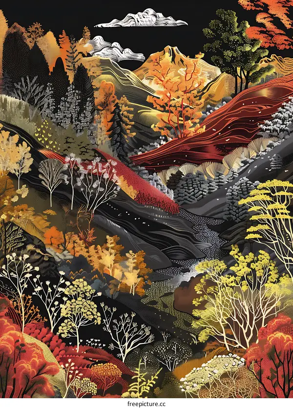 Black and White Detailed Illustration of Mountain Landscape with Trees