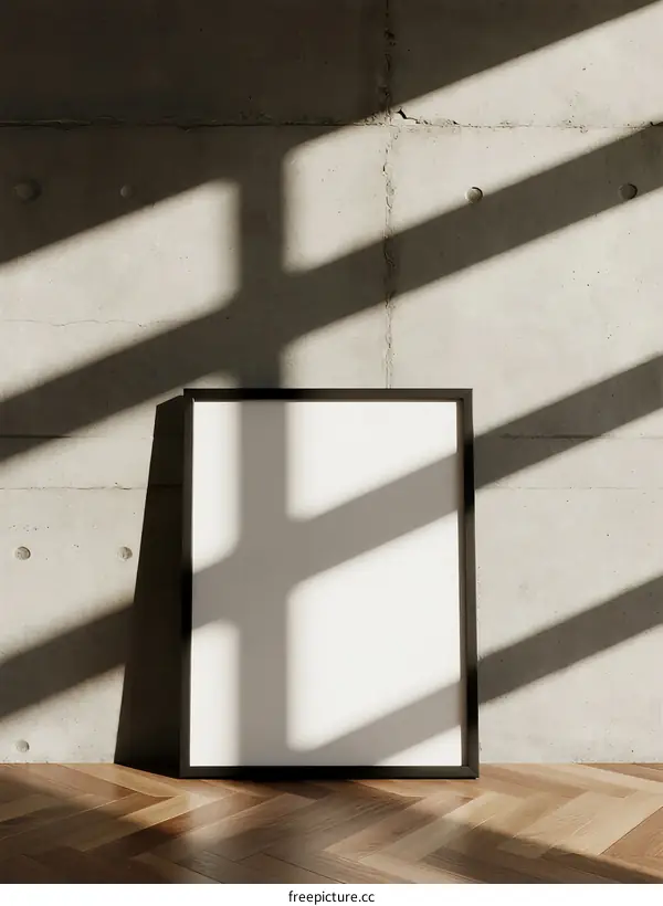 White empty frame with shadow on concrete wall and wooden floor