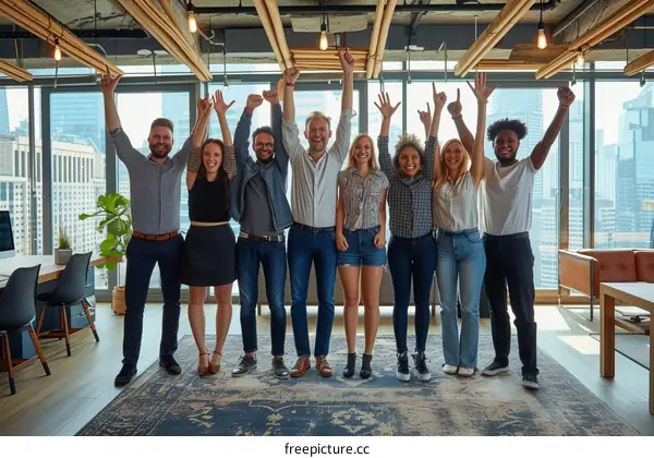 Group of diverse business professionals celebrating success in modern office