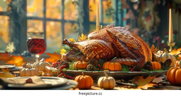 Thanksgiving Table with Roasted Turkey, Pumpkins, and Autumn Foliage