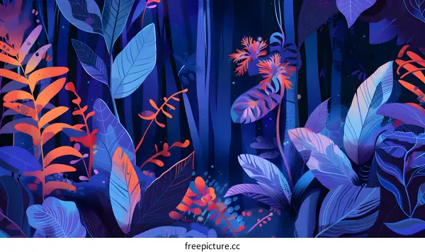 Colorful Abstract Leaves in Dark Forest Illustration