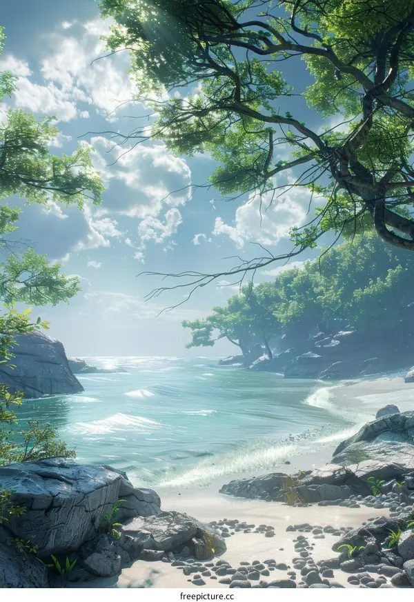 Rocky Beach with Emerald Waters and Lush Greenery