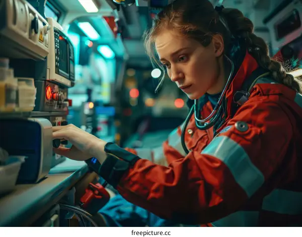 A female paramedic is monitoring a patient's vital signs in the back of an ambulance.