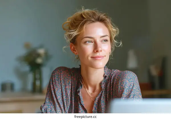 Thoughtful Woman Working on Laptop