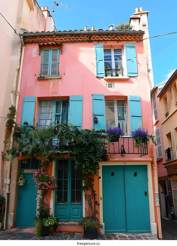 A colorful house with blue shutters and doors