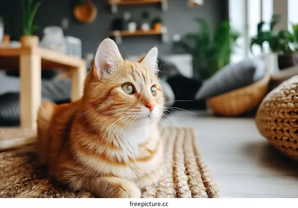 Ginger Cat Relaxing on a Cozy Rug Indoor Home
