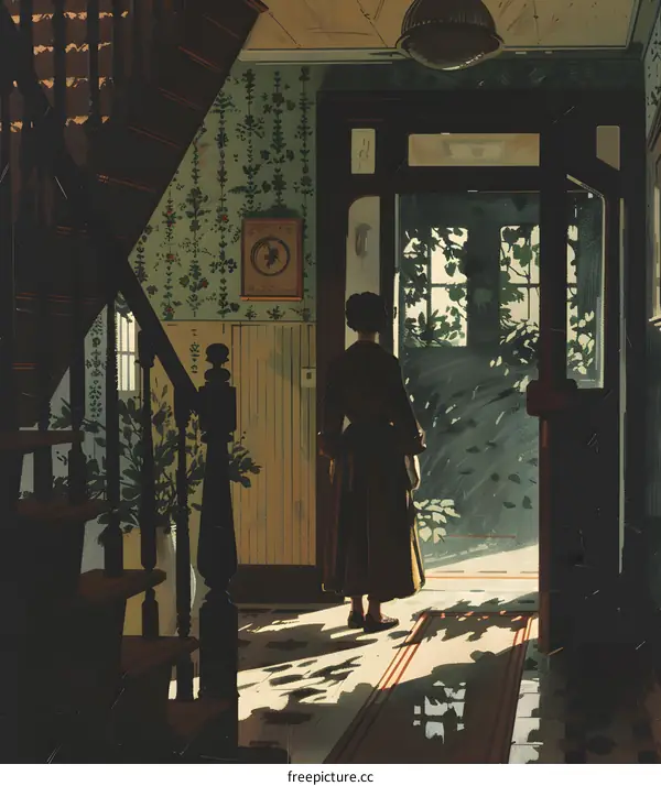 Woman Standing In A Doorway Looking Out To The Garden