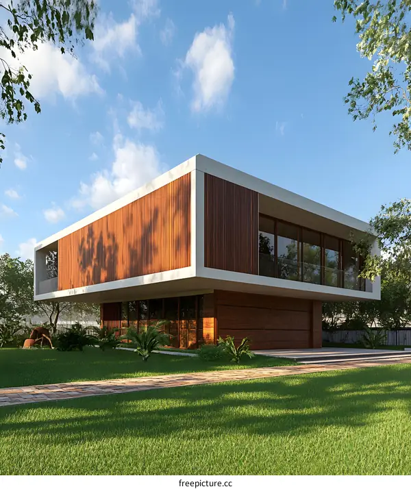 Modern House with Wooden Facade and Green Lawn