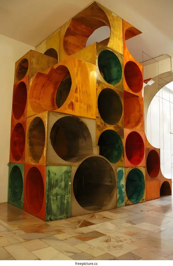 Colorful geometric shapes sculpture made of wood