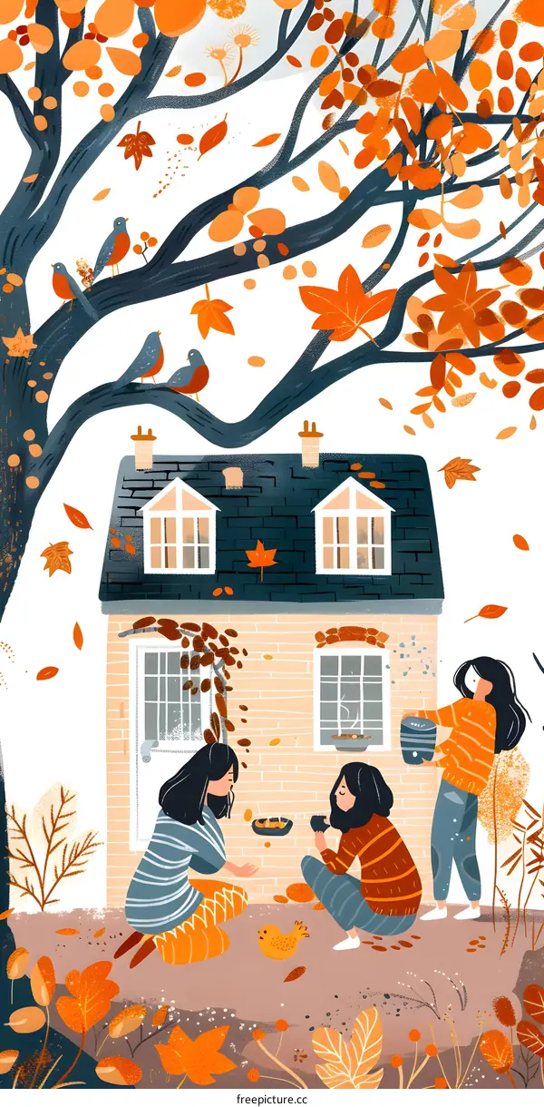 Three Women Enjoying Fall Day by House